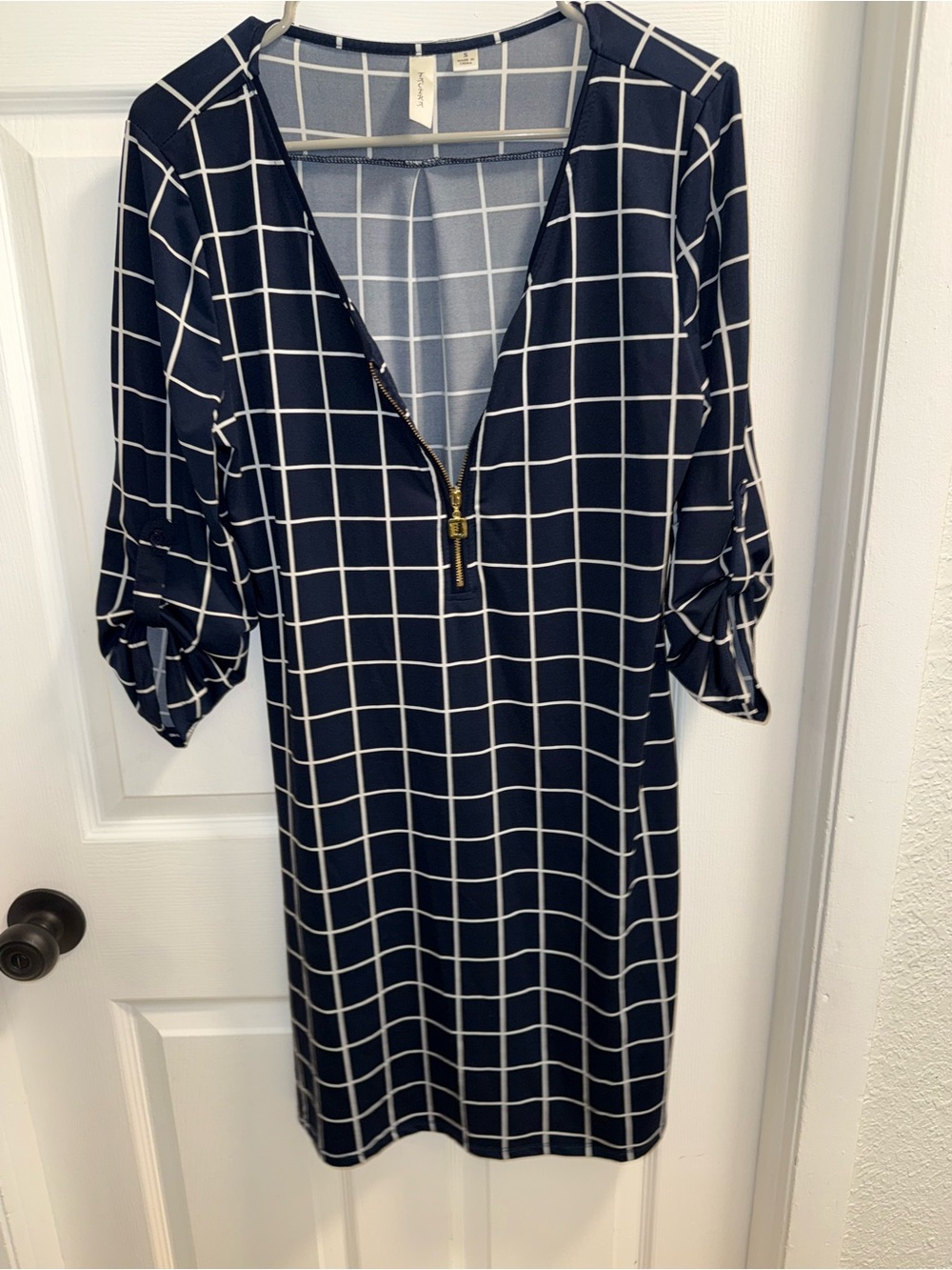 Tacera Navy Grid Zip-Front Midi Dress